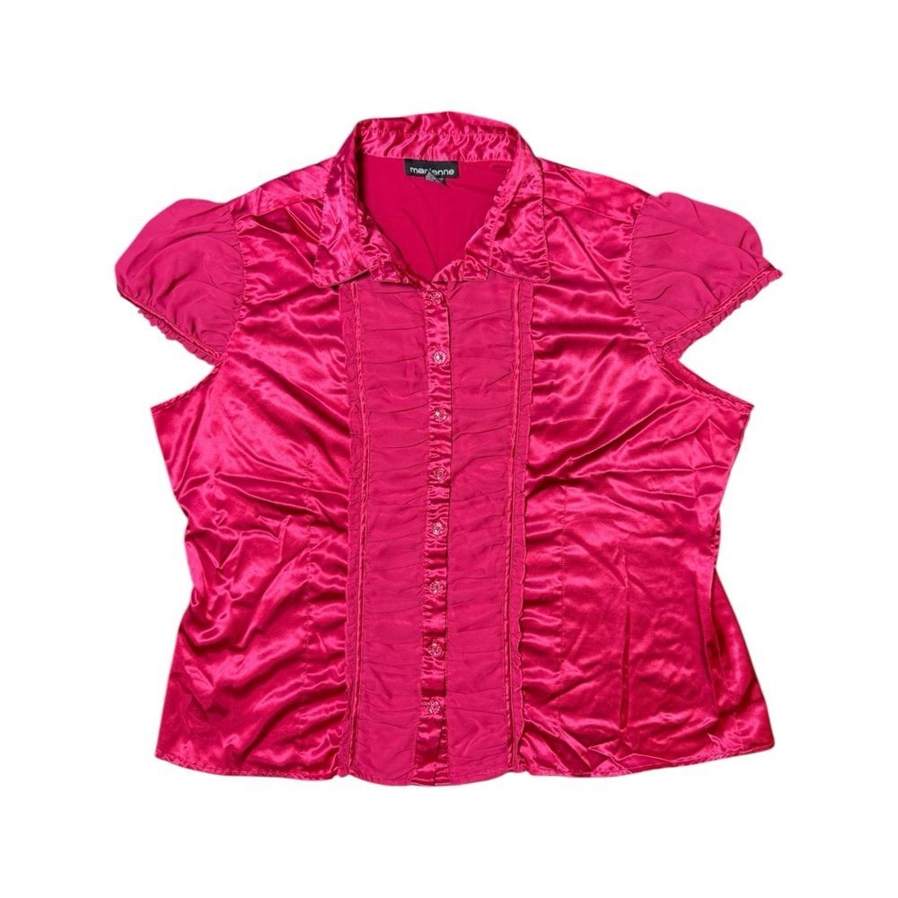 Y2K Marianne Magenta Pink Satin Office Siren Puff Sleeve Blouse Top Size 3X